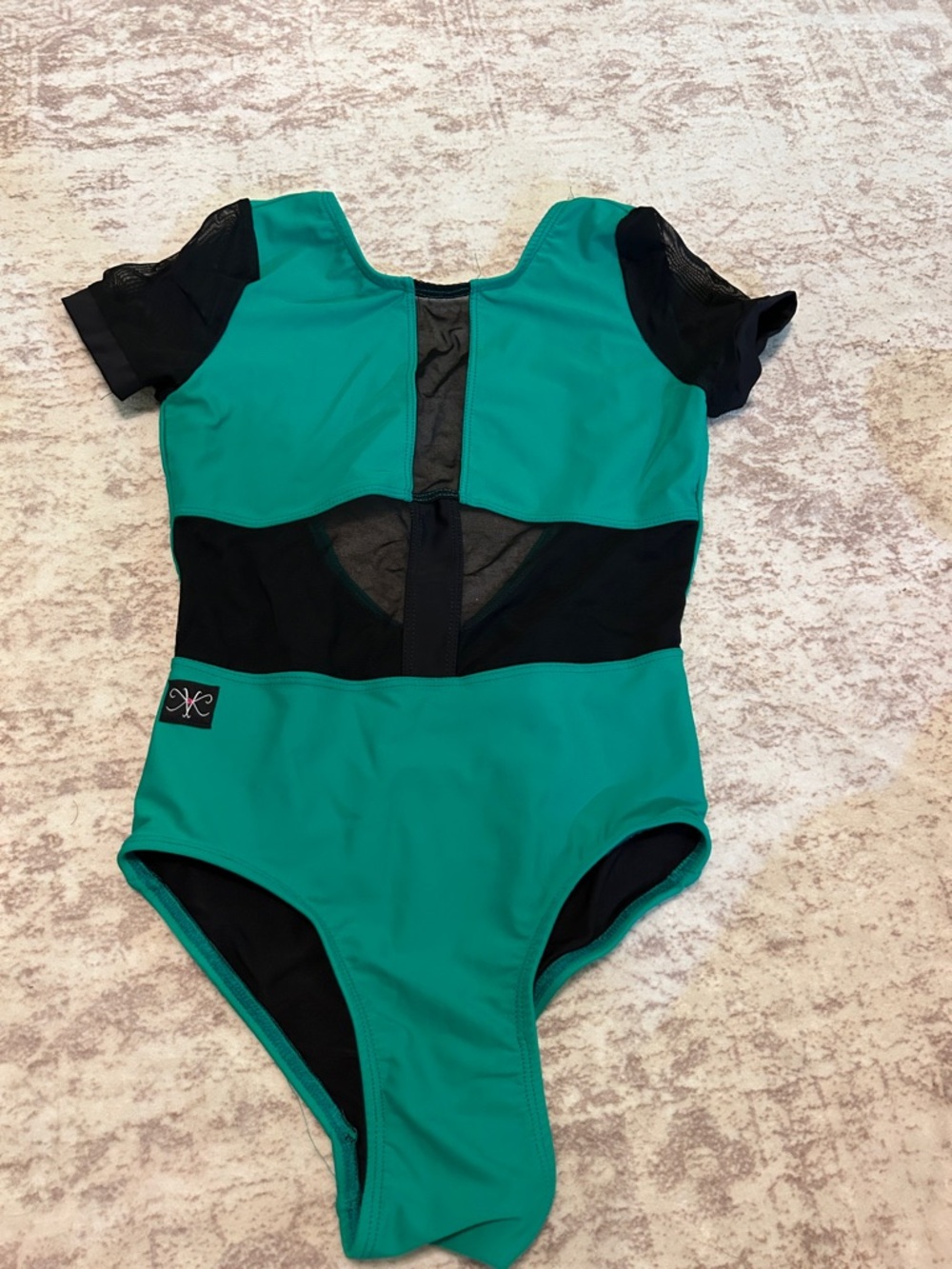 Teal and Black Short Sleeve Leotard with Mesh Panels